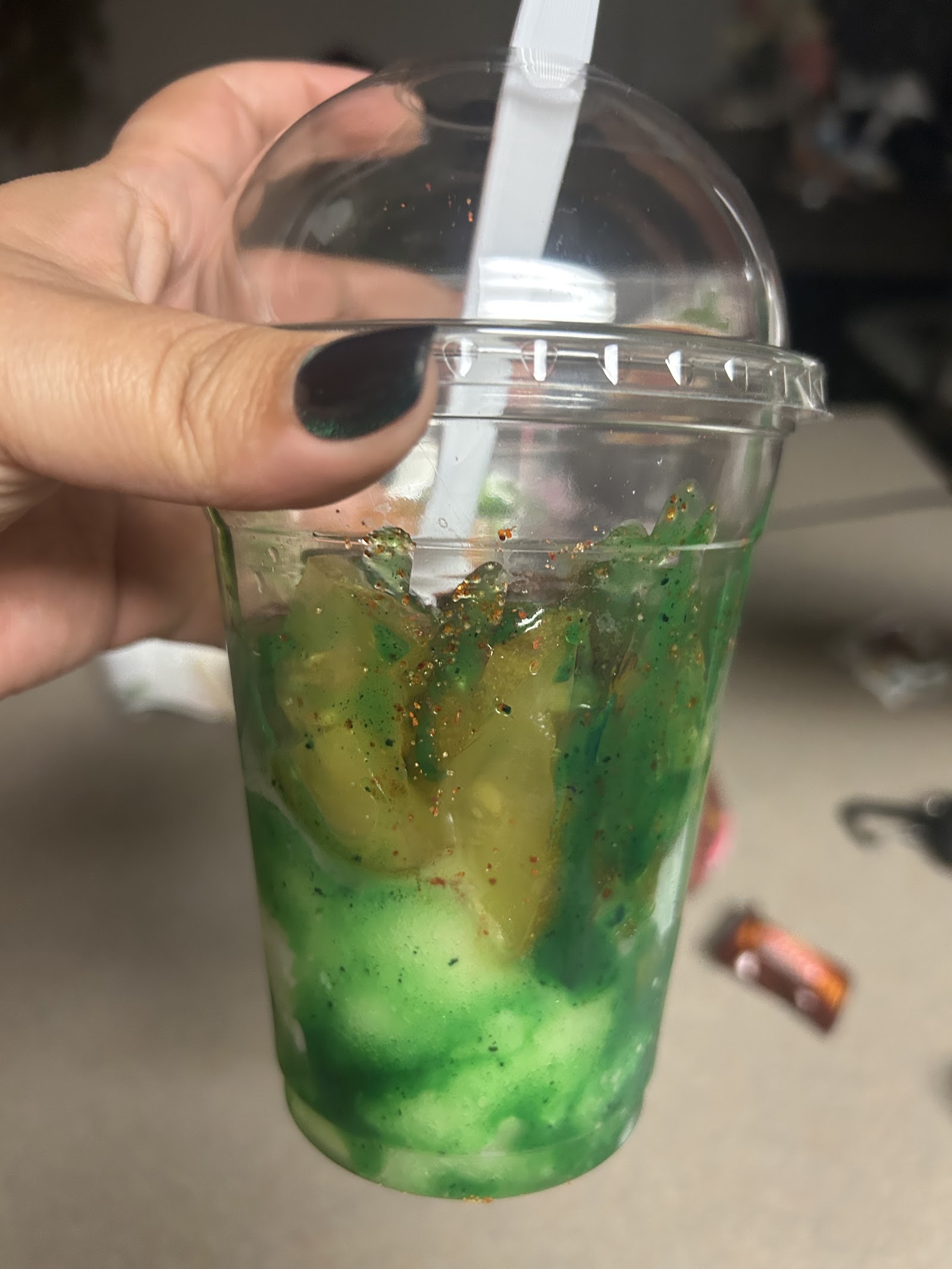 Picklerita green shaved ice loaded with pickles