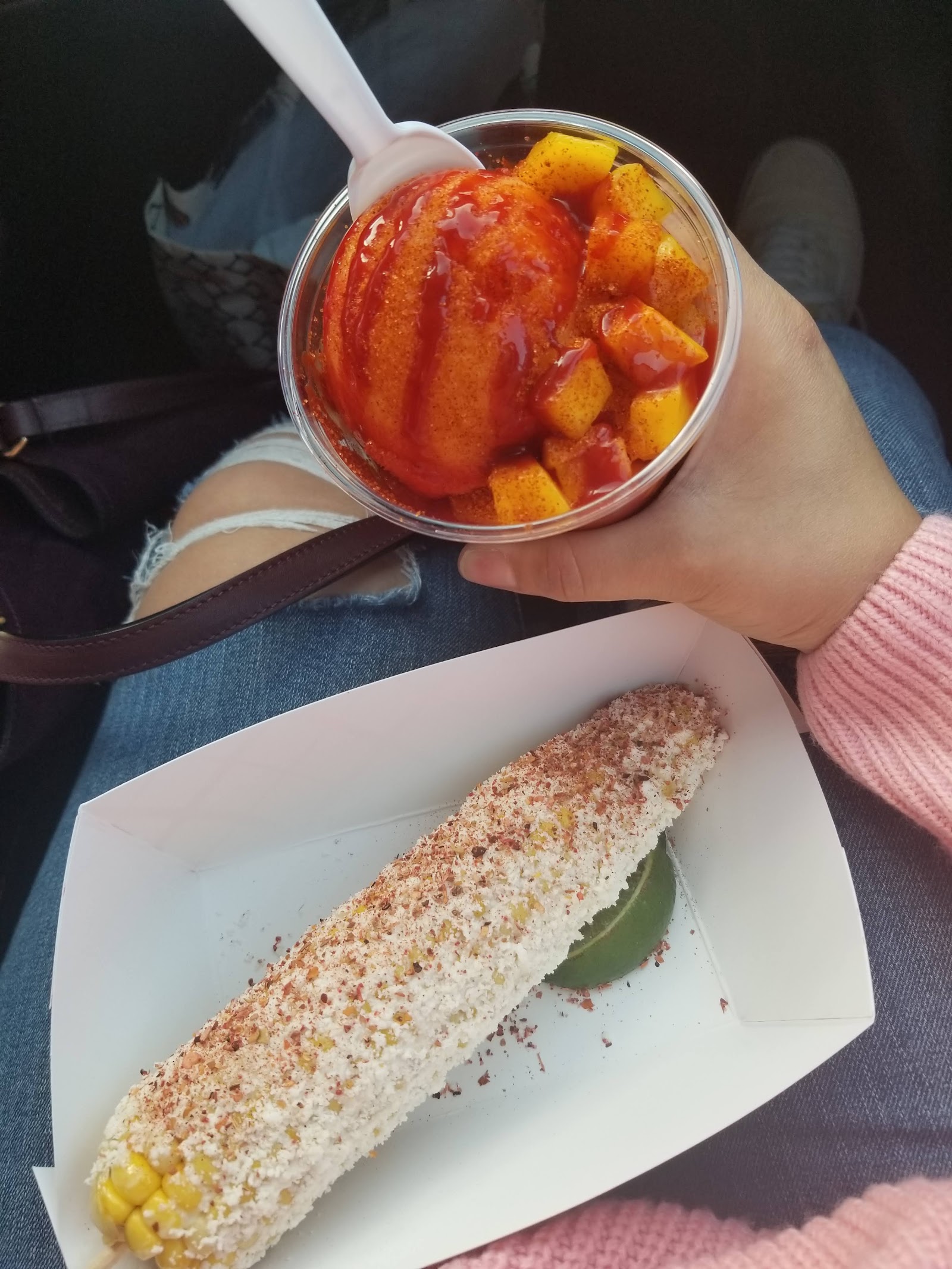 Classic chili-lime elote and a mango shaved ice cup
